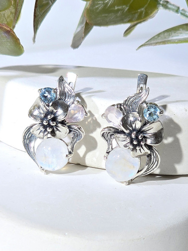 Серебряные серьги ETERI с лунным камнем, топазом и розовым кварцем